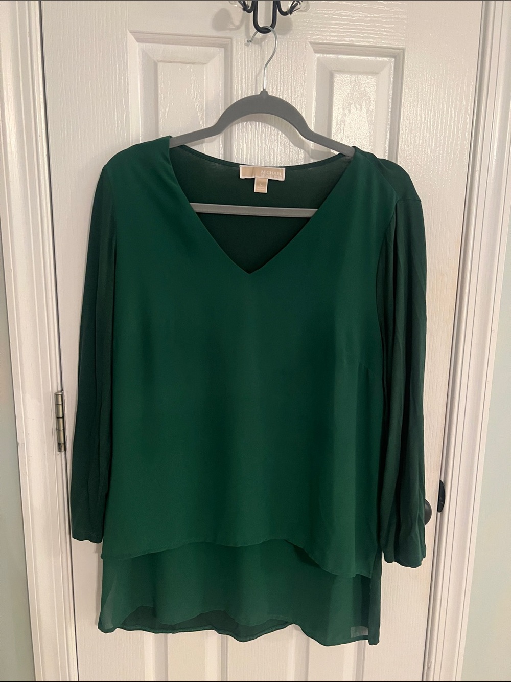 Michael Kors Deep Emerald V-Neck Layered Chiffon Blouse